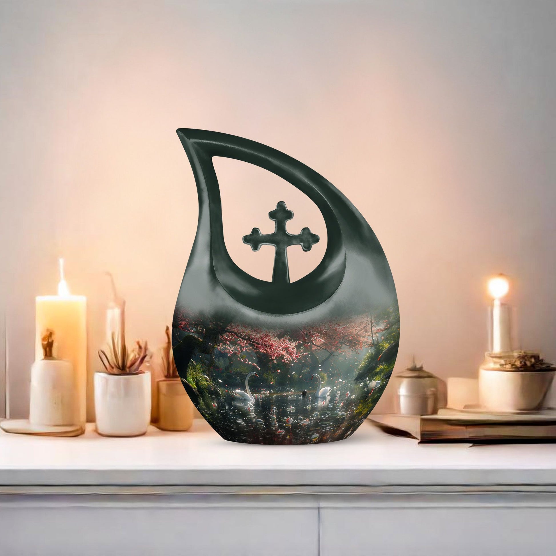 springtime swan reflection urn with cross drop design 