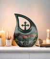 springtime swan reflection urn with cross drop design 