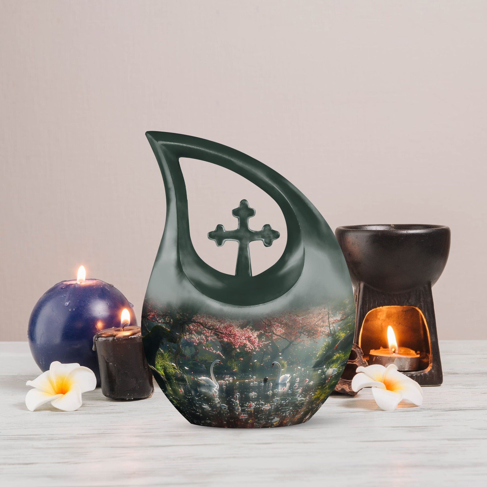 springtime swan reflection urn with cross drop design 