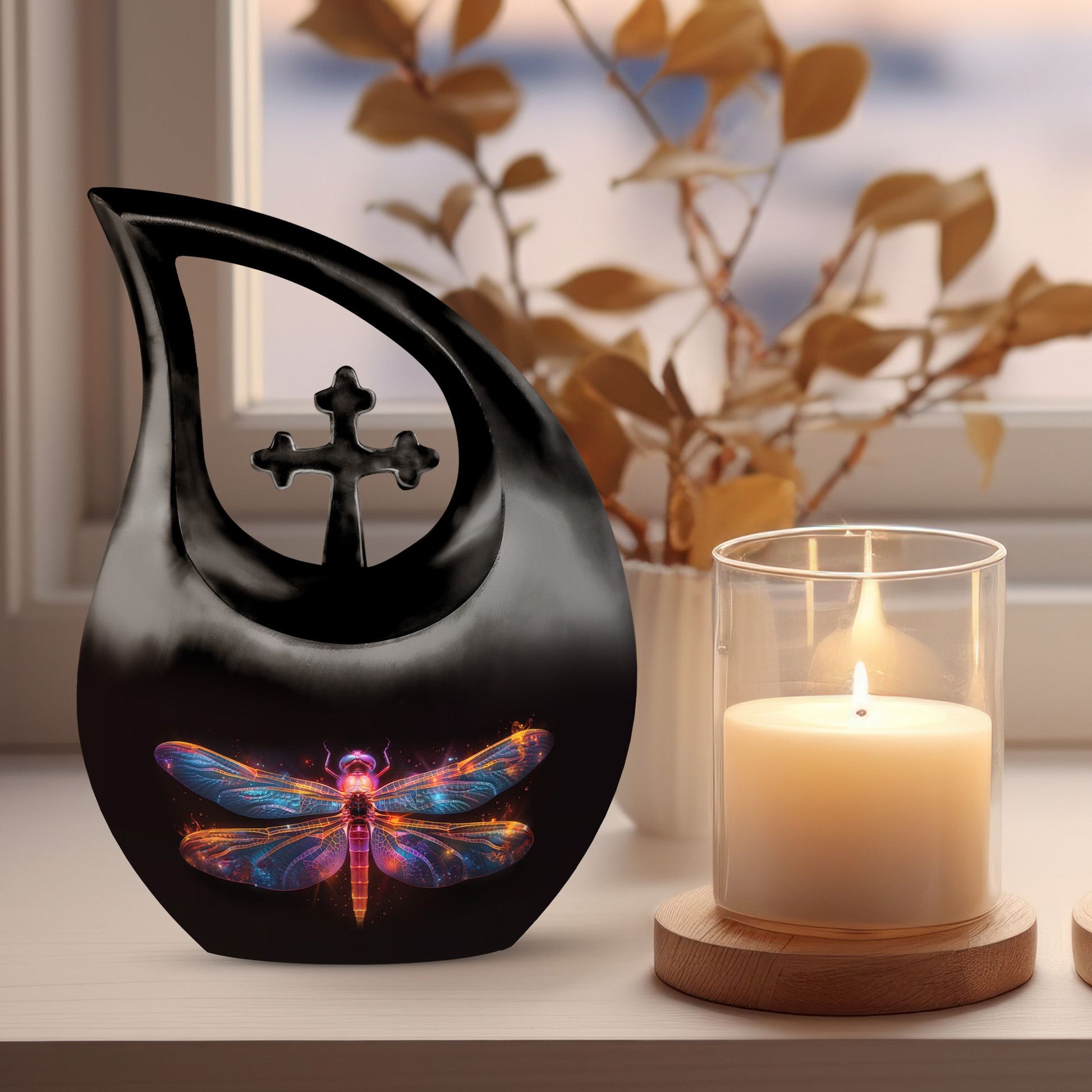 Starlit Ember Dragonfly Urn, 10-inch Cross Drop