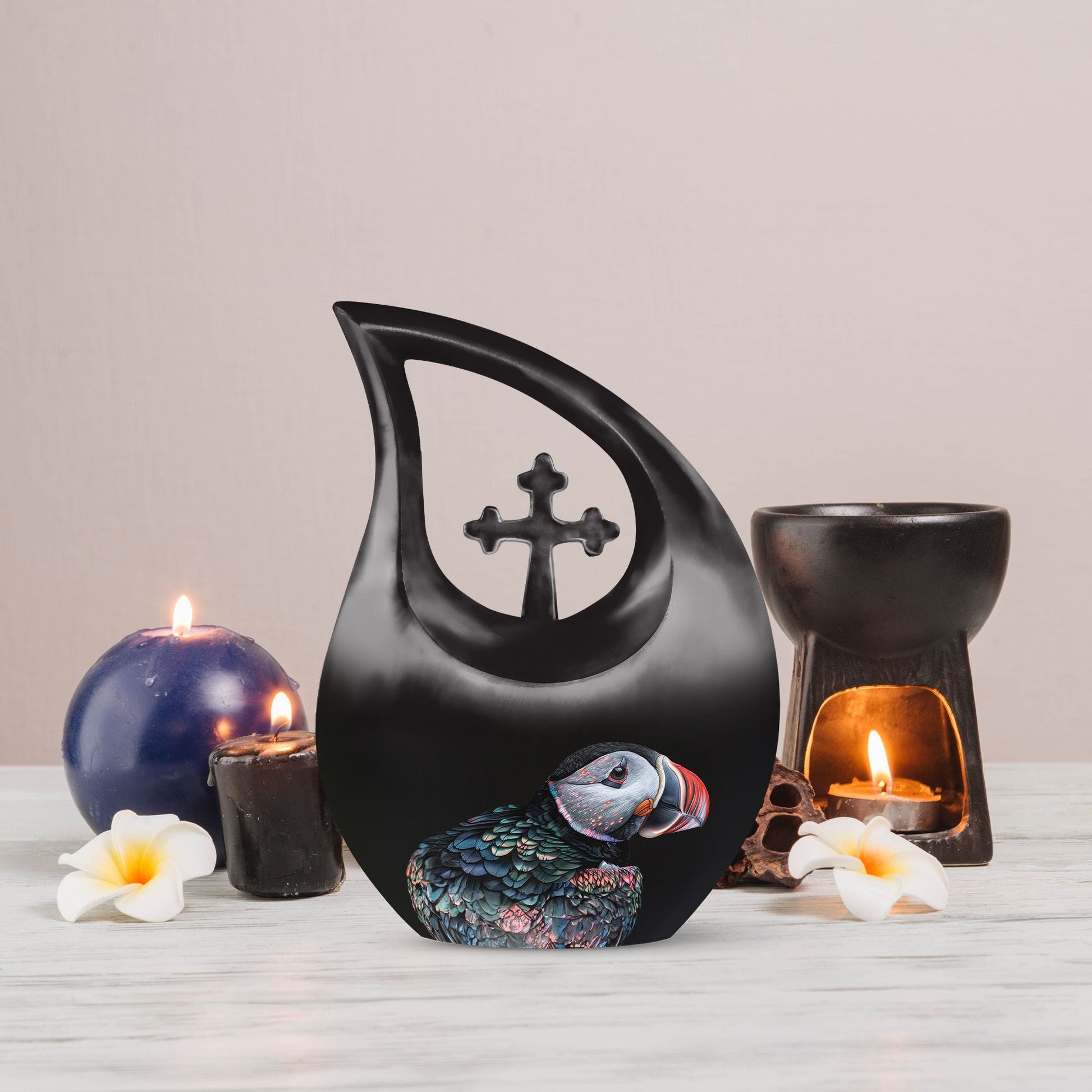 10-inch Puffin Bird Themed Cross Drop Cremation Monument Urn