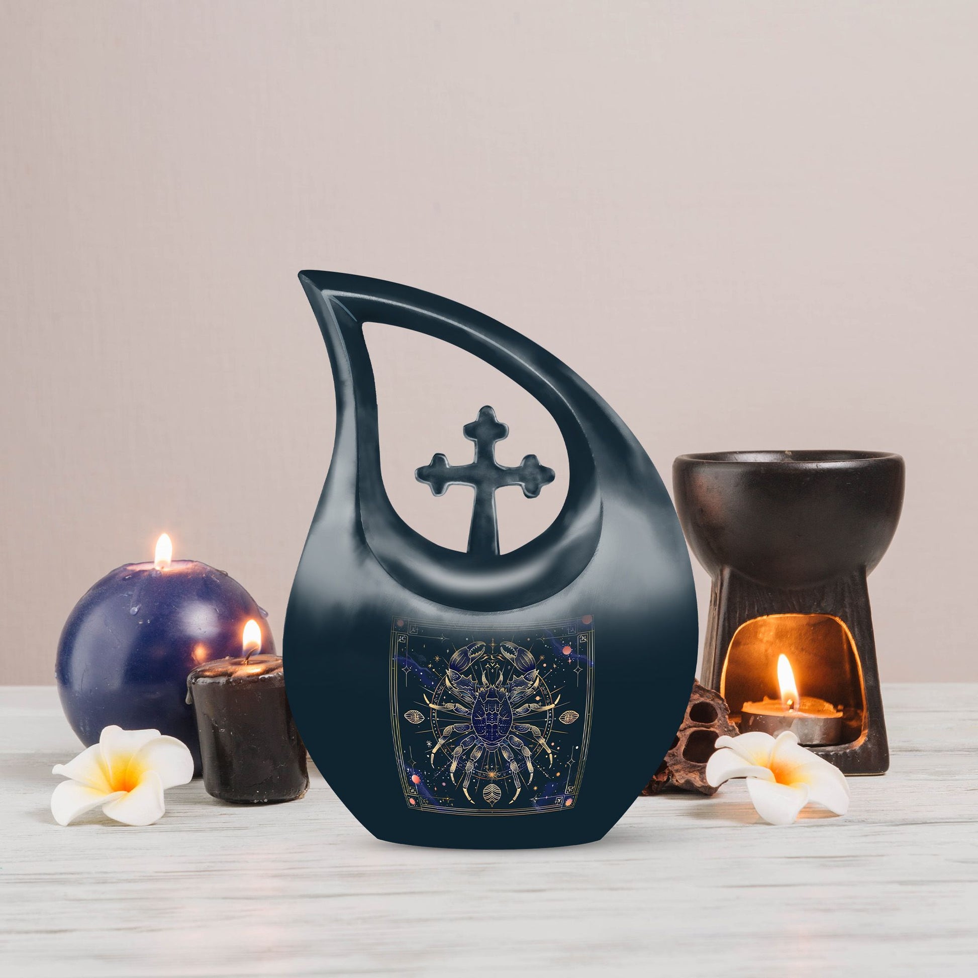 Zodiac themed 10-inch Cross Drop design Aluminum urn, 