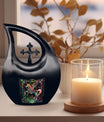 10-inch Zodiac Urn with cross-drop design, 