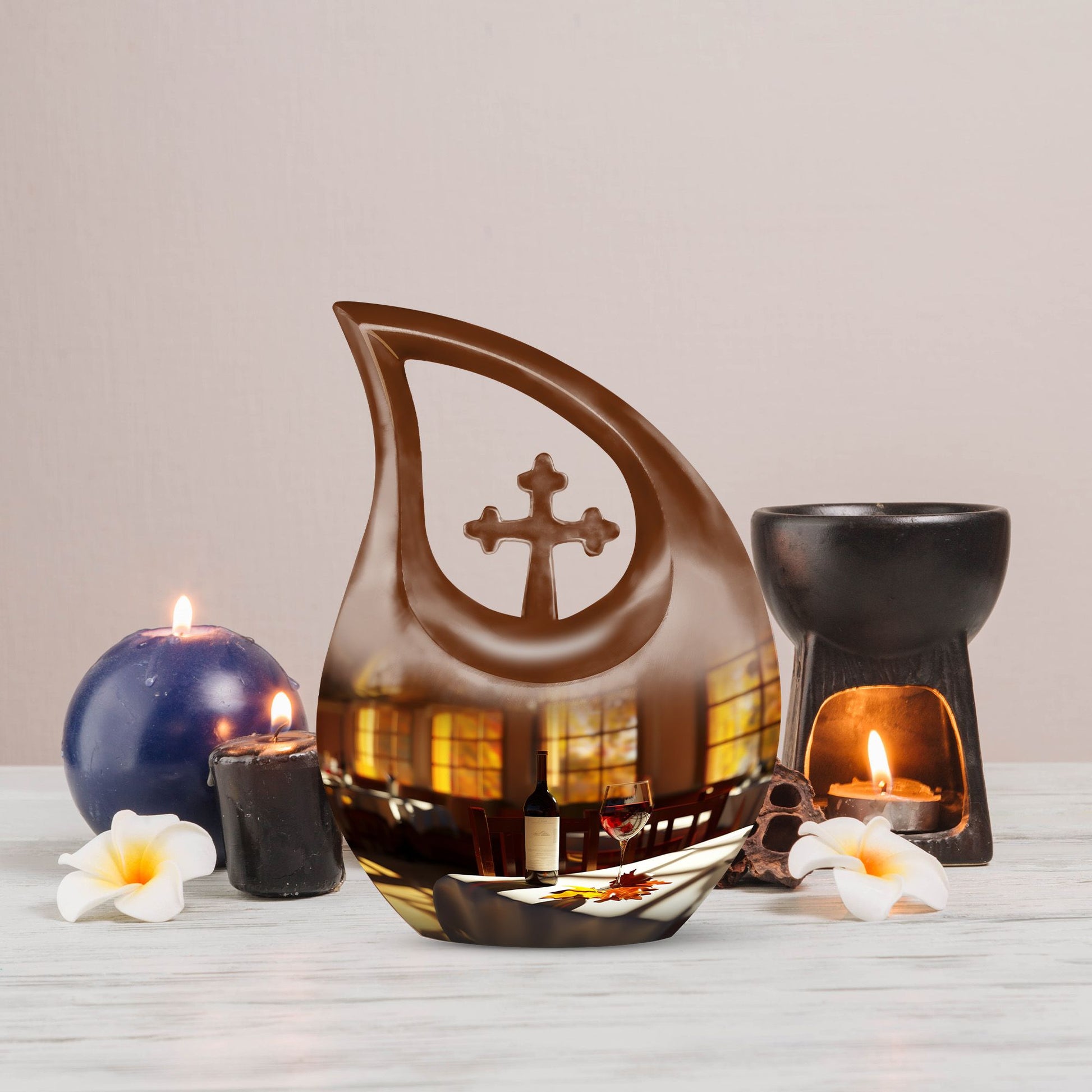 10-inch Wine themed cross drop design affordable cremation urn with personal engraving option