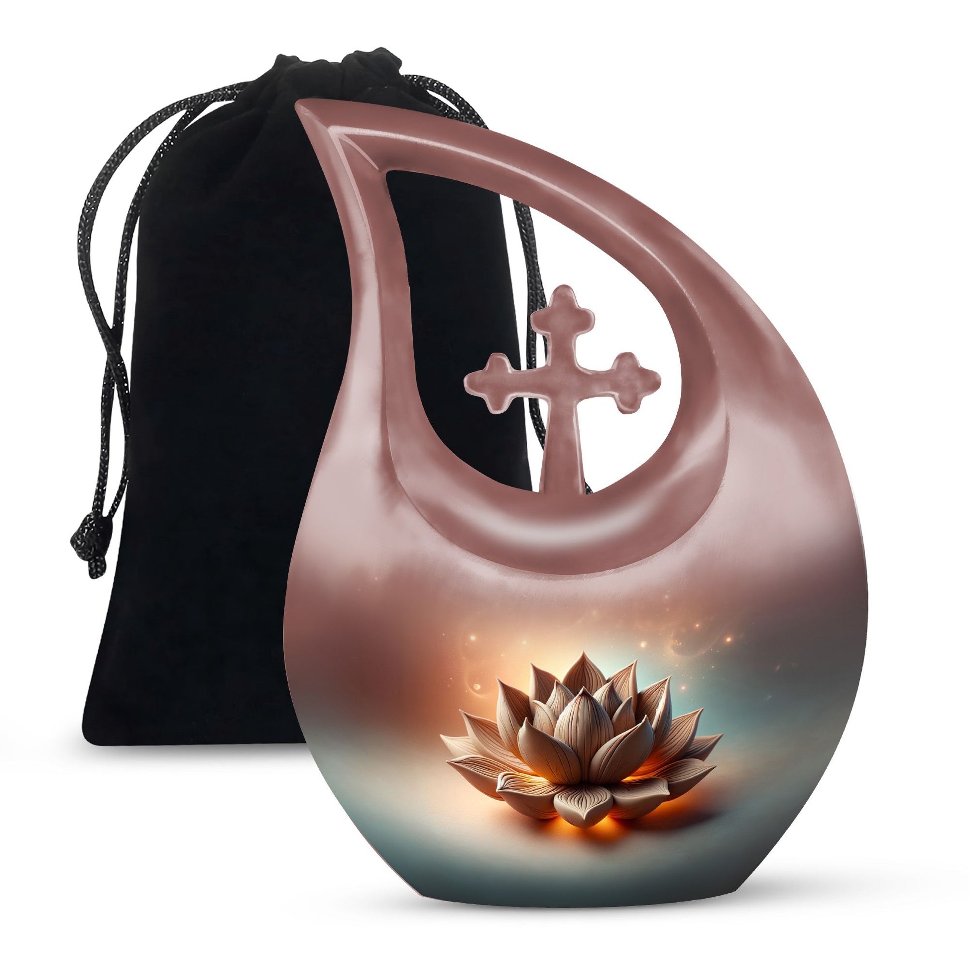 10 inch Lotus urn with a cross drop design for human remains, comes with a velvet pouch