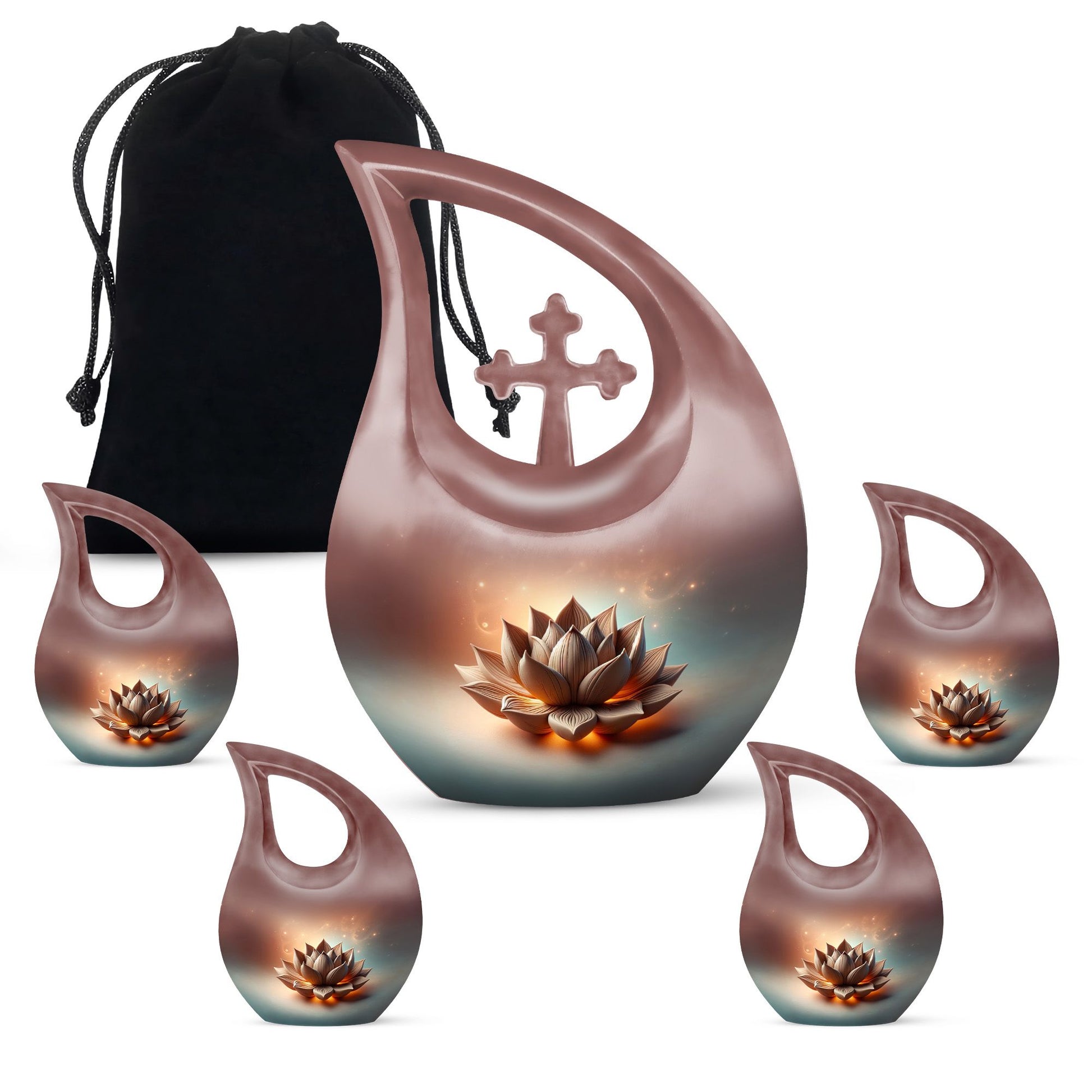 10 inch Lotus urn with a cross drop design for human remains, comes with a velvet pouch