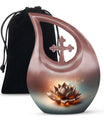 10 inch Lotus urn with a cross drop design for human remains, comes with a velvet pouch