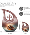 10 inch Lotus urn with a cross drop design for human remains, comes with a velvet pouch