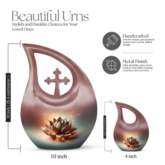 10 inch Lotus urn with a cross drop design for human remains, comes with a velvet pouch