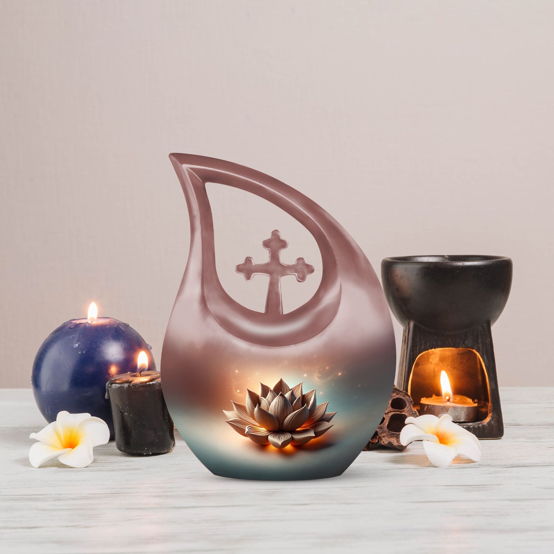 10 inch Lotus urn with a cross drop design for human remains, comes with a velvet pouch