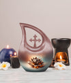 10 inch Lotus urn with a cross drop design for human remains, comes with a velvet pouch