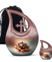 10 inch Lotus urn with a cross drop design for human remains, comes with a velvet pouch