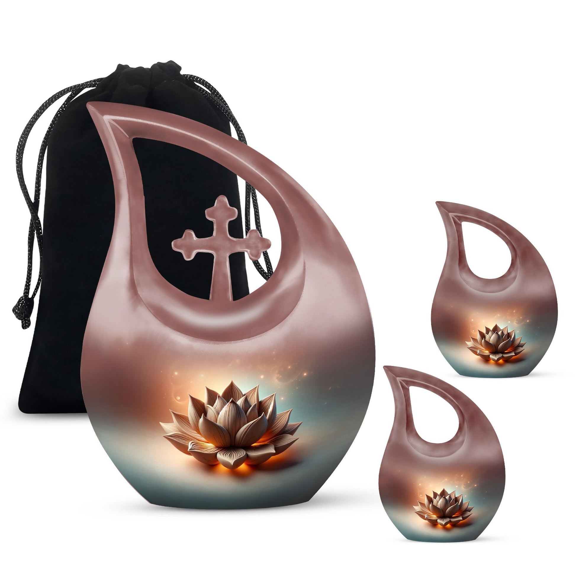 10 inch Lotus urn with a cross drop design for human remains, comes with a velvet pouch