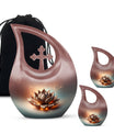 10 inch Lotus urn with a cross drop design for human remains, comes with a velvet pouch