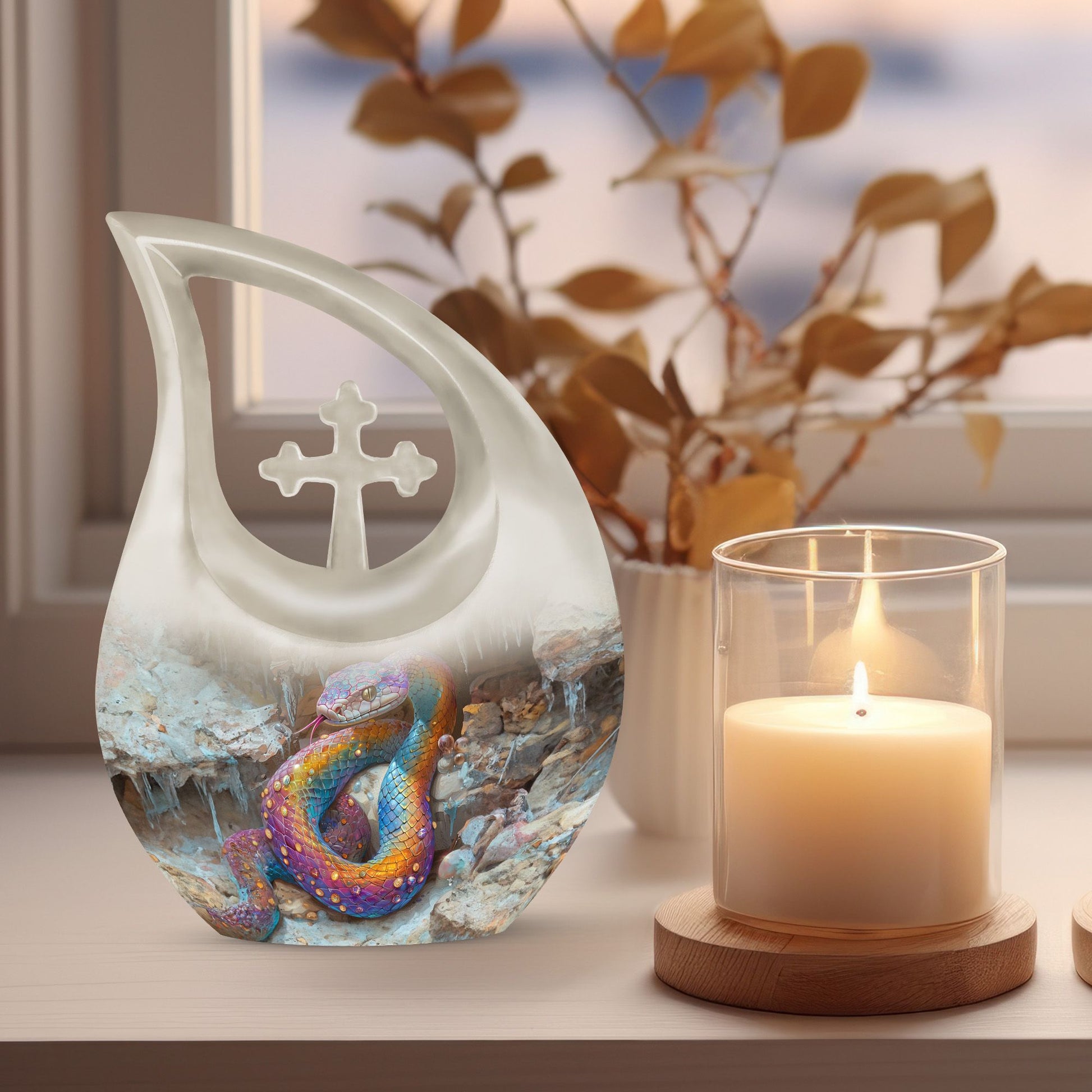 10-inch Snake Urn with Cross Drop design, Customizable Aluminium Protective Memorial Urn