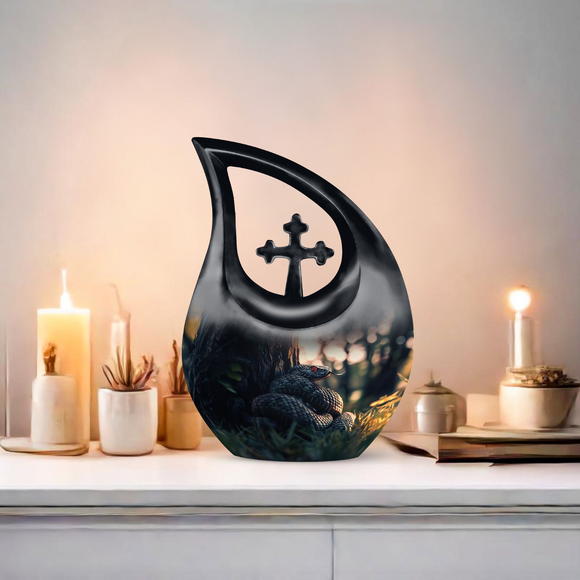 10-inch snake-themed cross drop memorial urn 