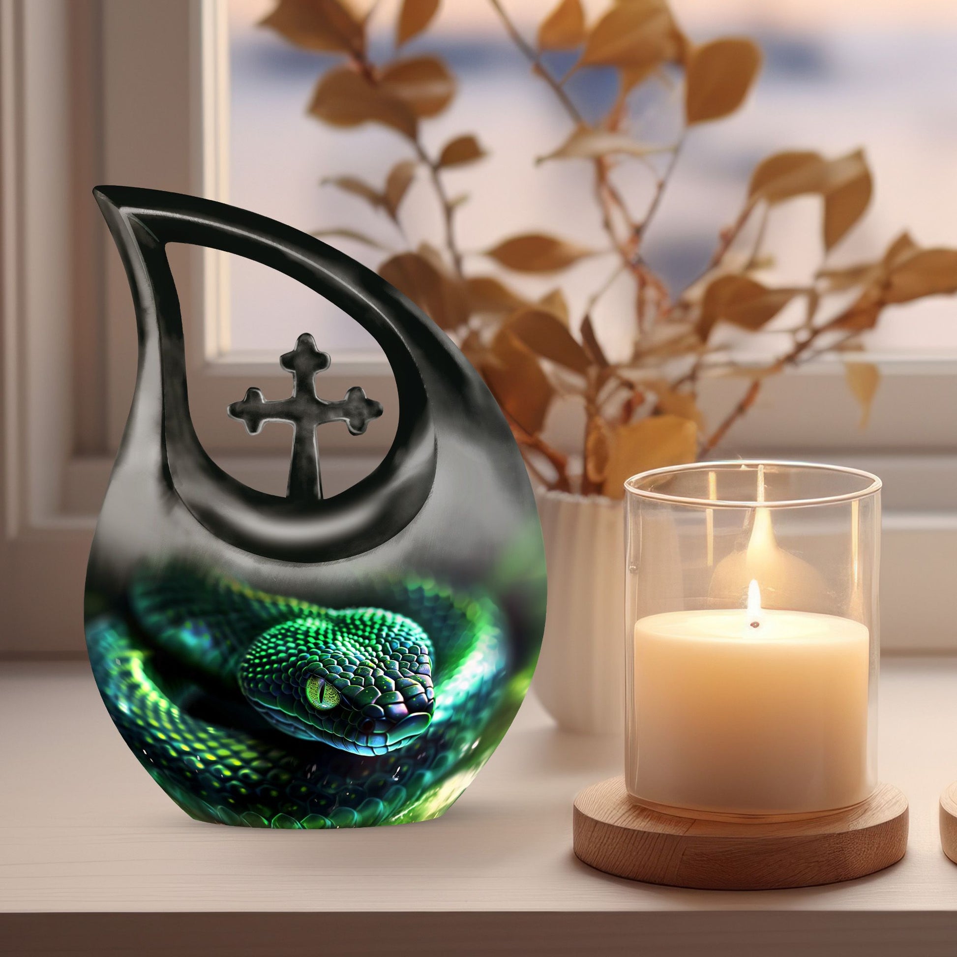 10-inch Snake-themed urn with Cross-Drop Design, 