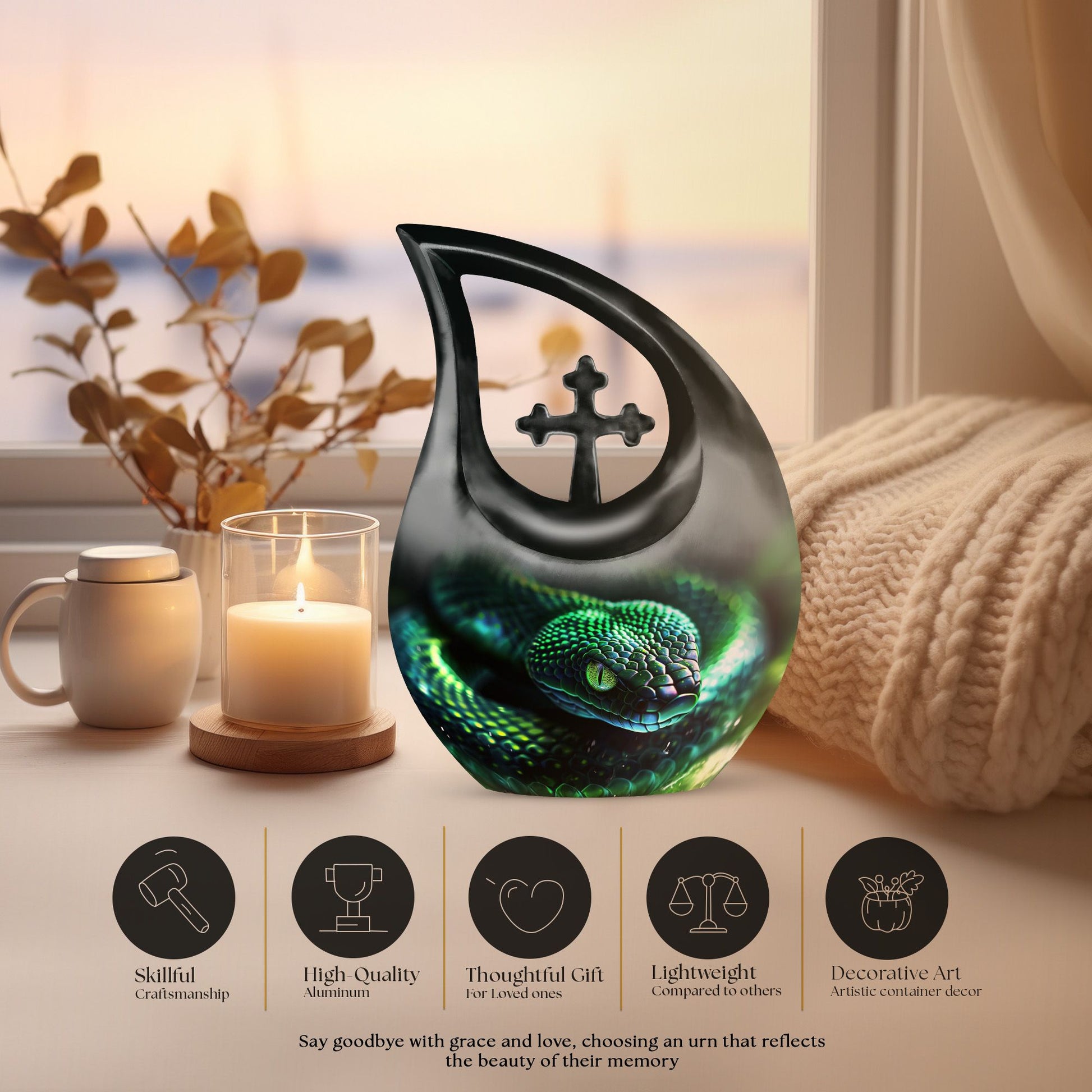 10-inch Snake-themed urn with Cross-Drop Design, 