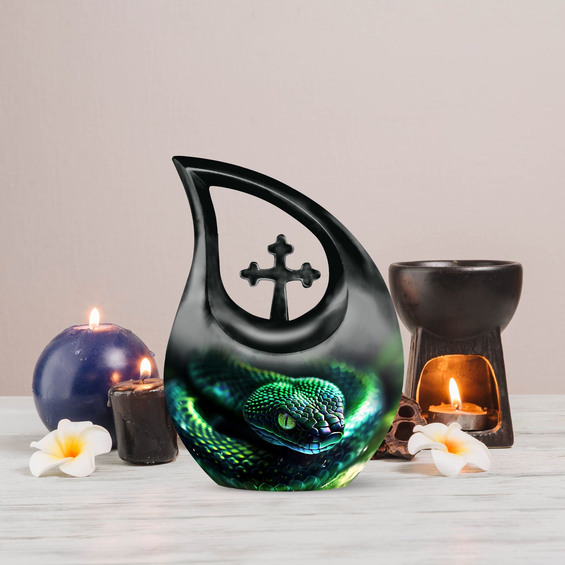 10-inch Snake-themed urn with Cross-Drop Design, 