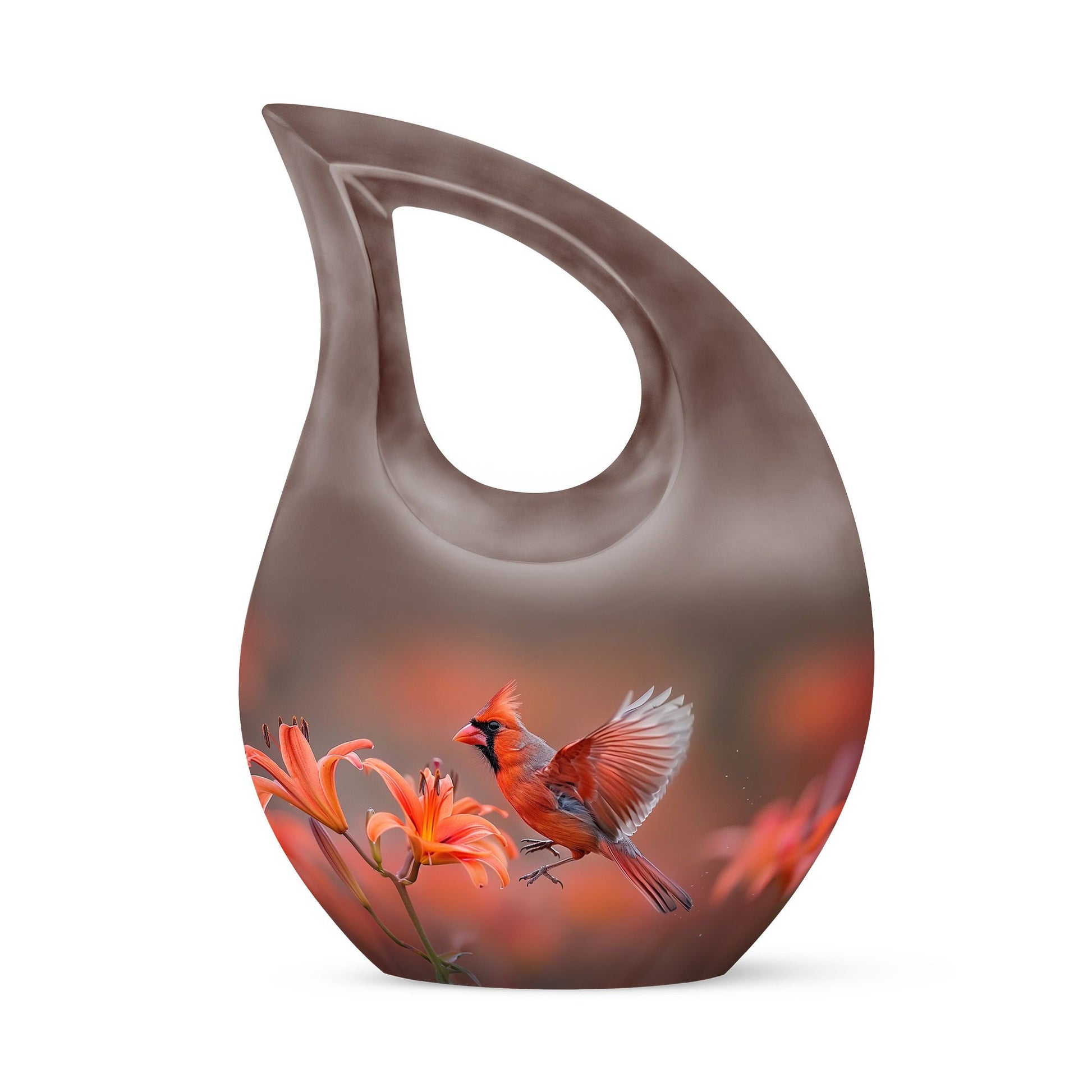 Large 10-inch Cardinal Bird themed Cross Drop Urn Vase for memorial purposes