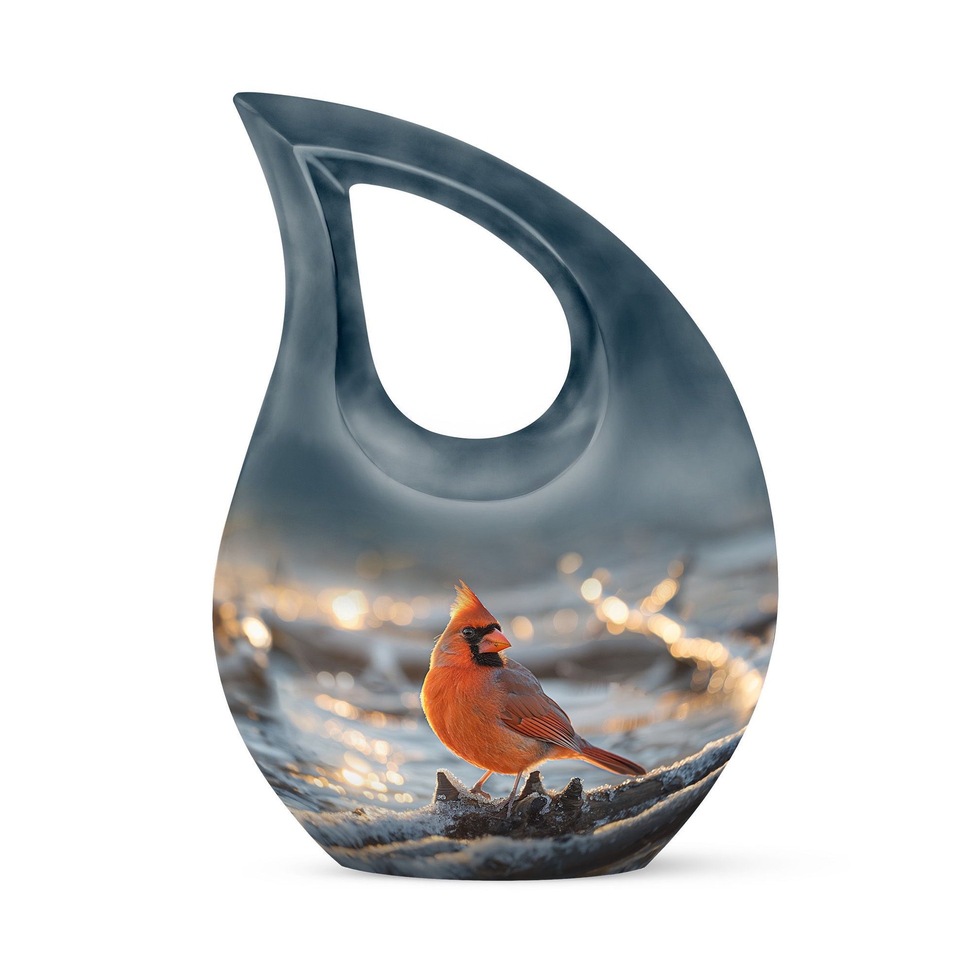 10-inch Cardinal Bird themed Cross Drop Cremation Urn with engraving option, crafted from Aluminium