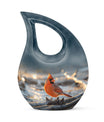 10-inch Cardinal Bird themed Cross Drop Cremation Urn with engraving option, crafted from Aluminium