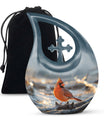 10-inch Cardinal Bird themed Cross Drop Cremation Urn with engraving option, crafted from Aluminium