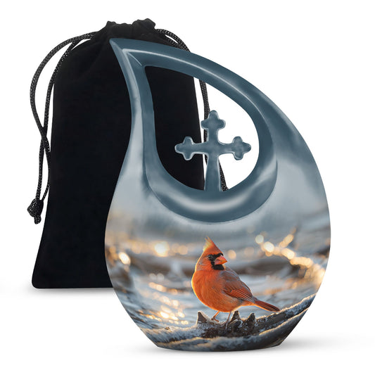 10-inch Cardinal Bird themed Cross Drop Cremation Urn with engraving option, crafted from Aluminium