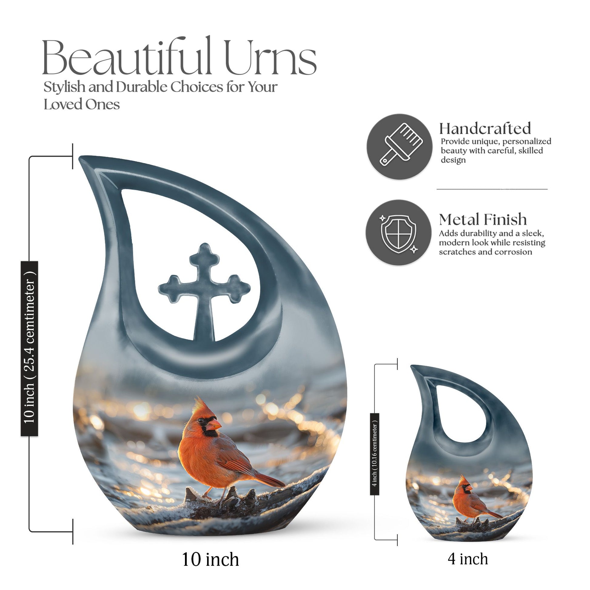 10-inch Cardinal Bird themed Cross Drop Cremation Urn with engraving option, crafted from Aluminium