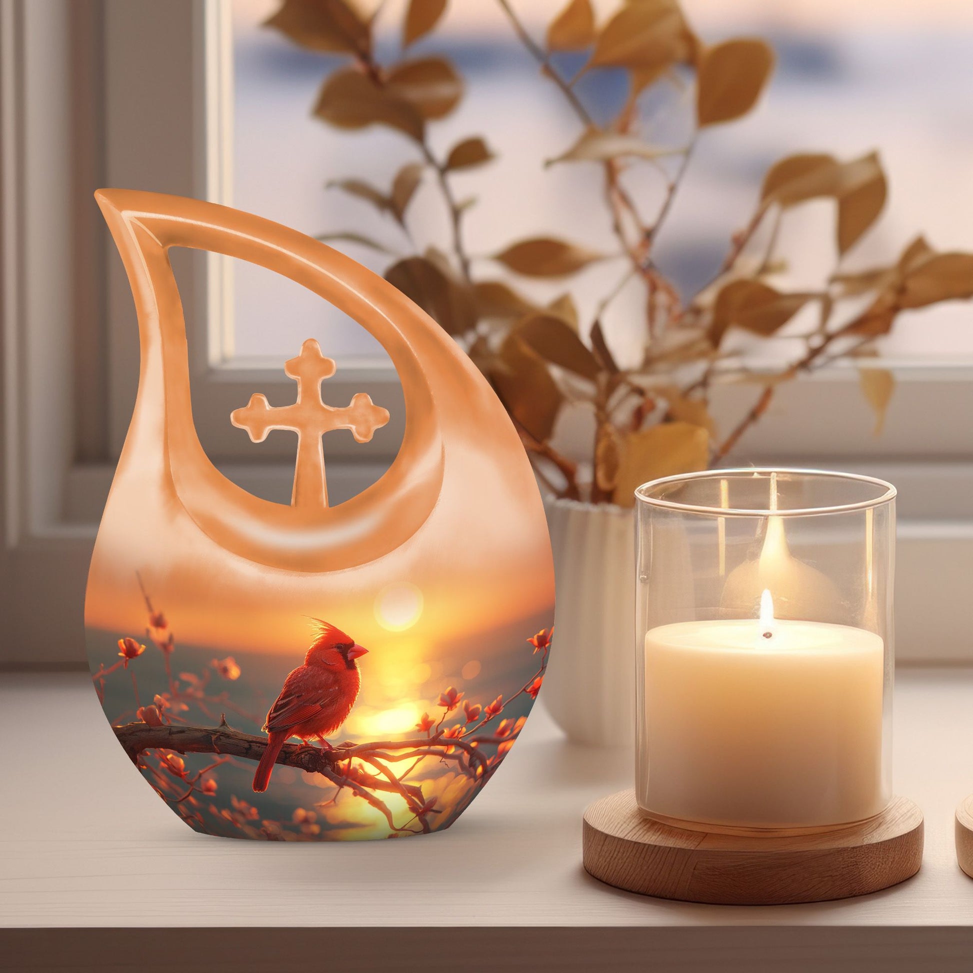 10 inch Cardinal Bird cremation box with cross drop design, personalizable with engraved names