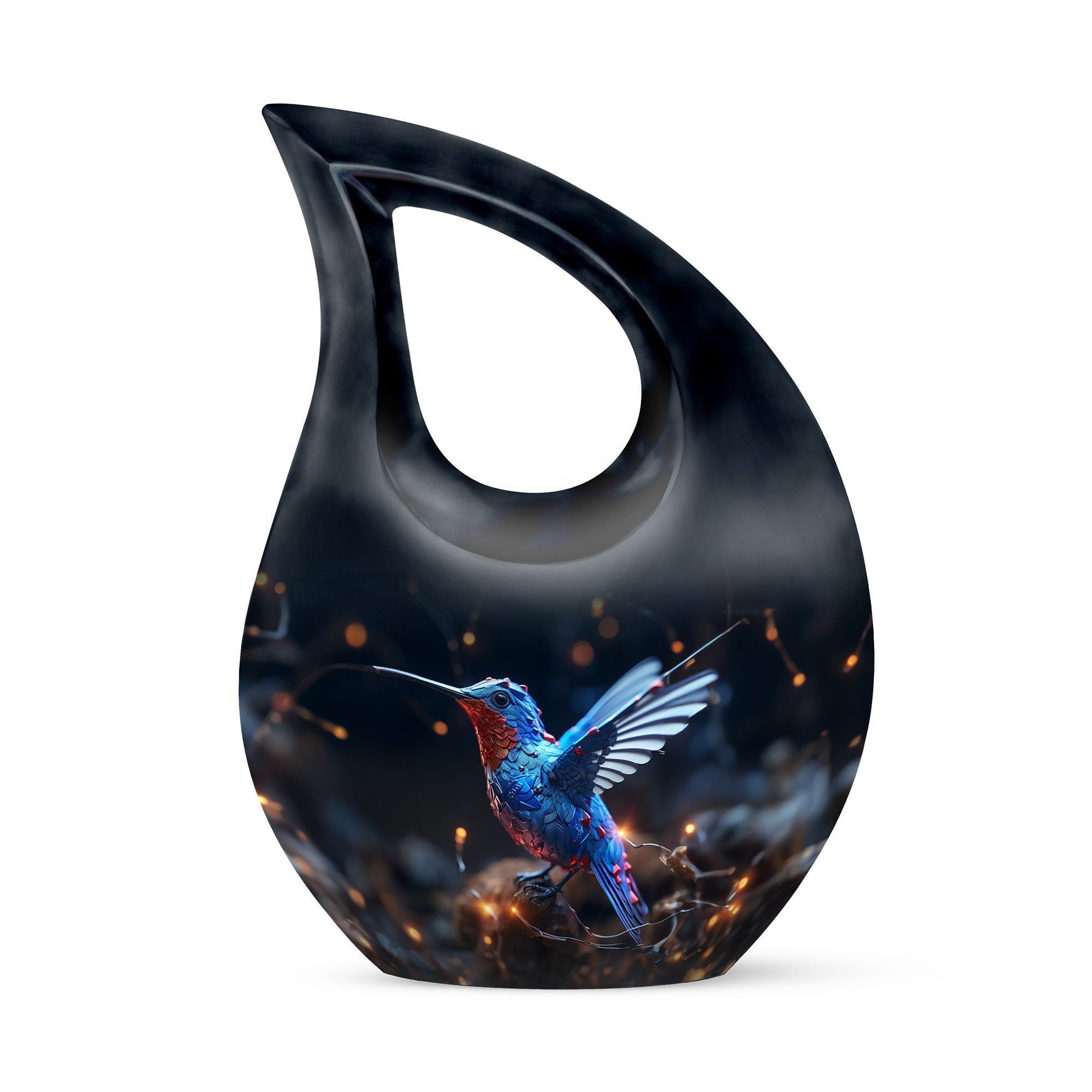 Humming Birds theme, Cross Drop design on a 10-inch Aluminium Large Urn for Human Ashes