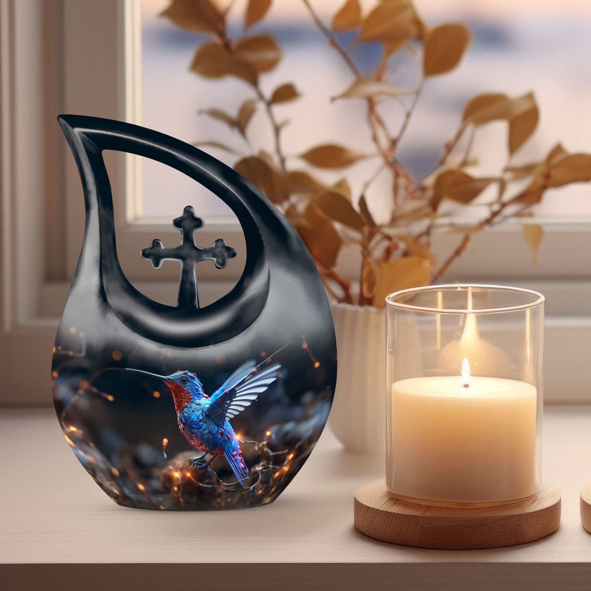 Humming Birds theme, Cross Drop design on a 10-inch Aluminium Large Urn for Human Ashes