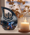 Humming Birds theme, Cross Drop design on a 10-inch Aluminium Large Urn for Human Ashes