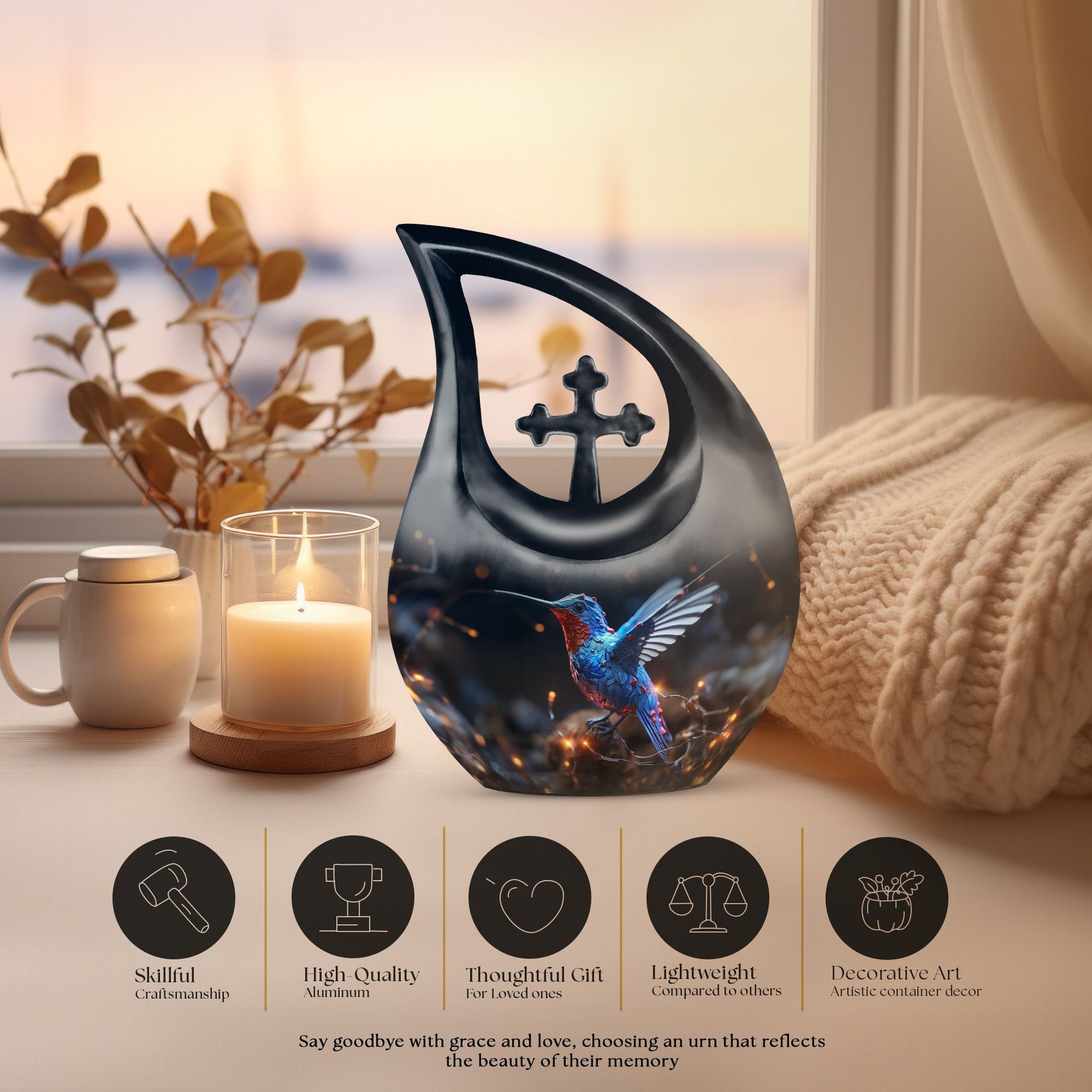 Humming Birds theme, Cross Drop design on a 10-inch Aluminium Large Urn for Human Ashes