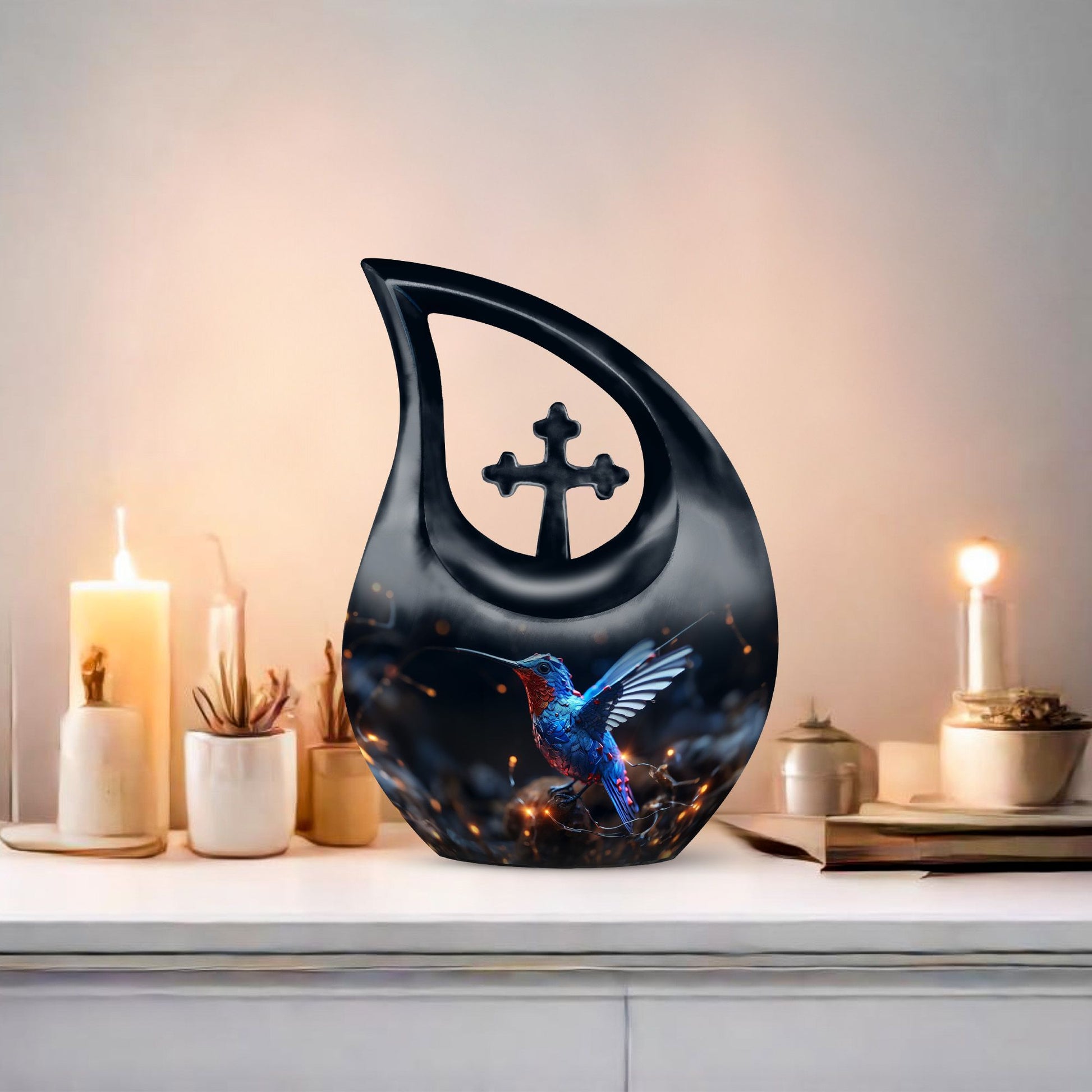 Humming Birds theme, Cross Drop design on a 10-inch Aluminium Large Urn for Human Ashes