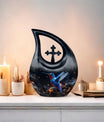 Humming Birds theme, Cross Drop design on a 10-inch Aluminium Large Urn for Human Ashes