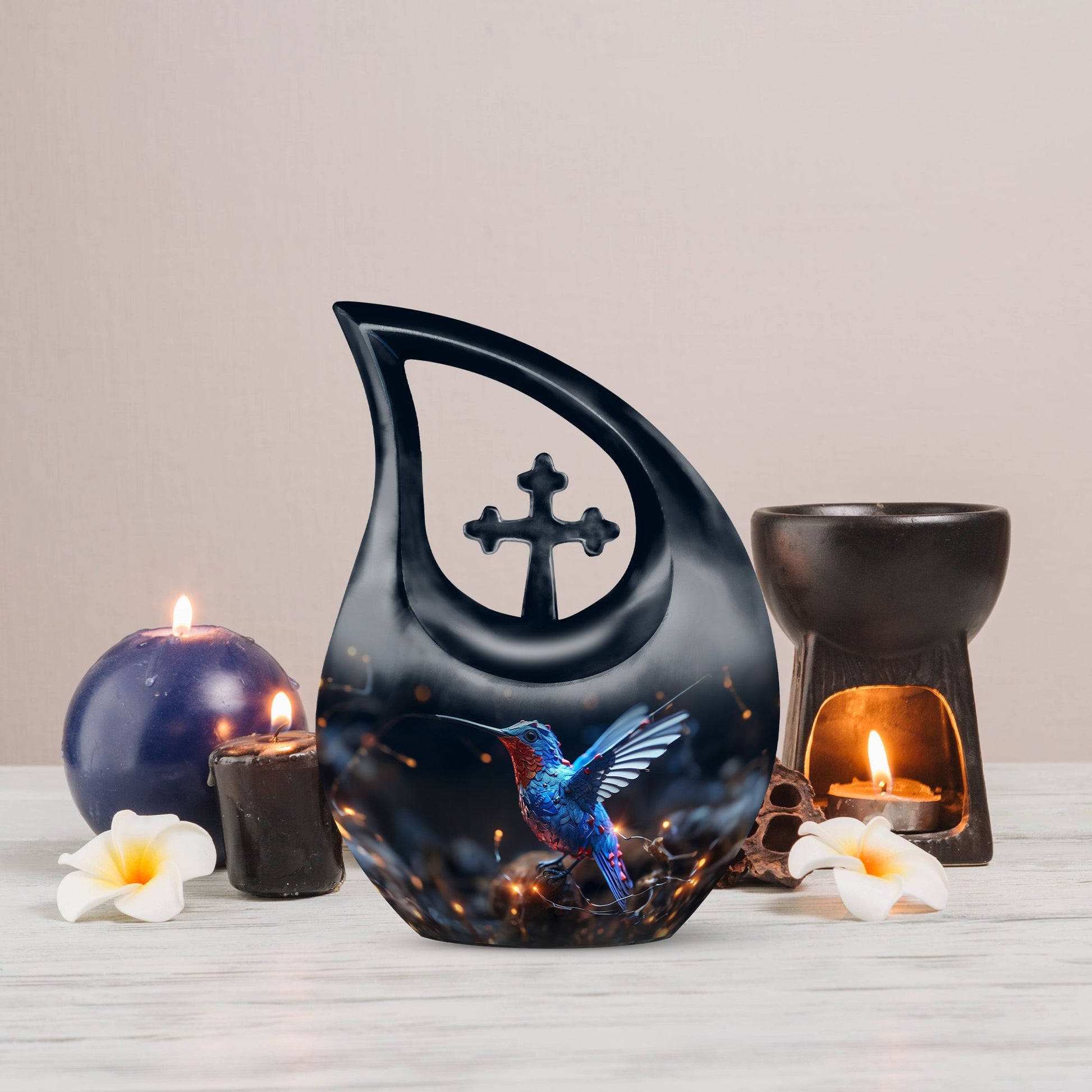 Humming Birds theme, Cross Drop design on a 10-inch Aluminium Large Urn for Human Ashes