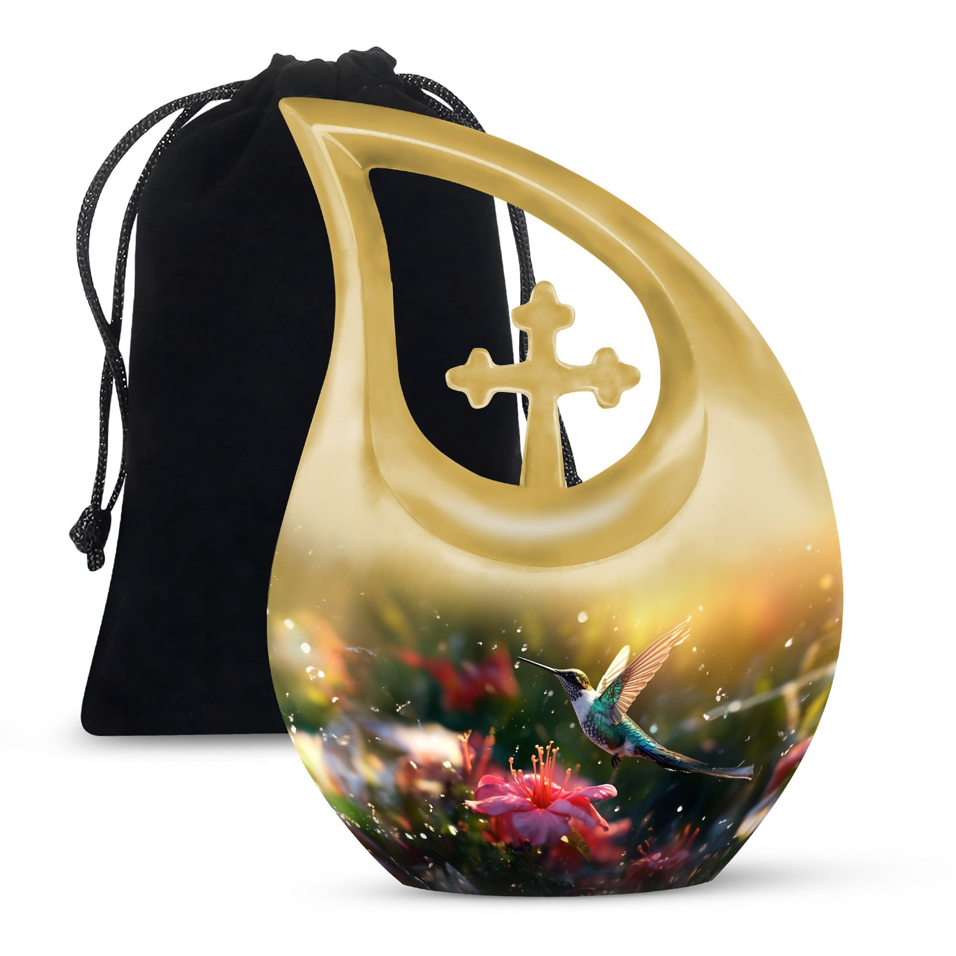 Large Humming Birds Burial Urn with Cross Drop design for adults, comes with velvet pouch