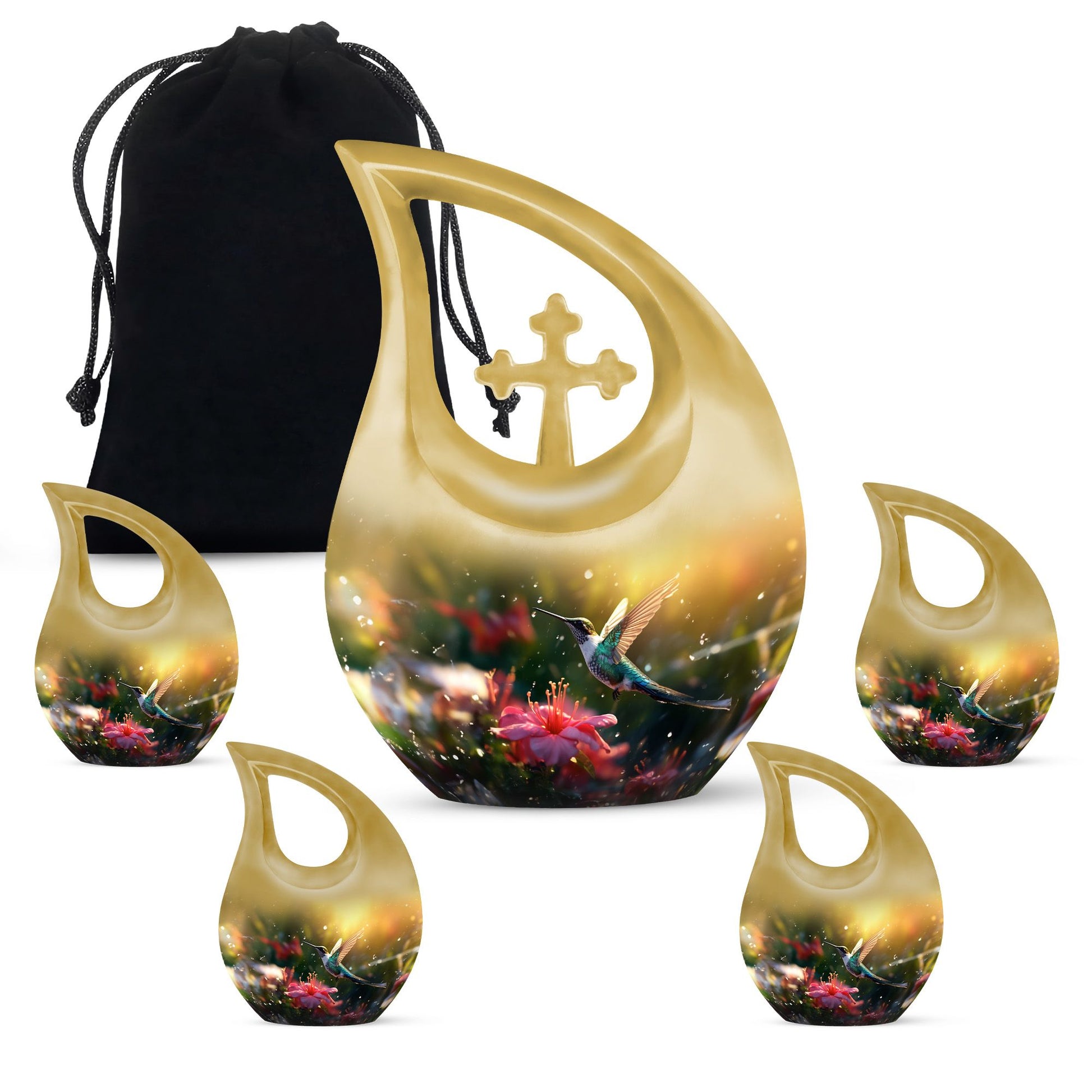 Large Humming Birds Burial Urn with Cross Drop design for adults, comes with velvet pouch