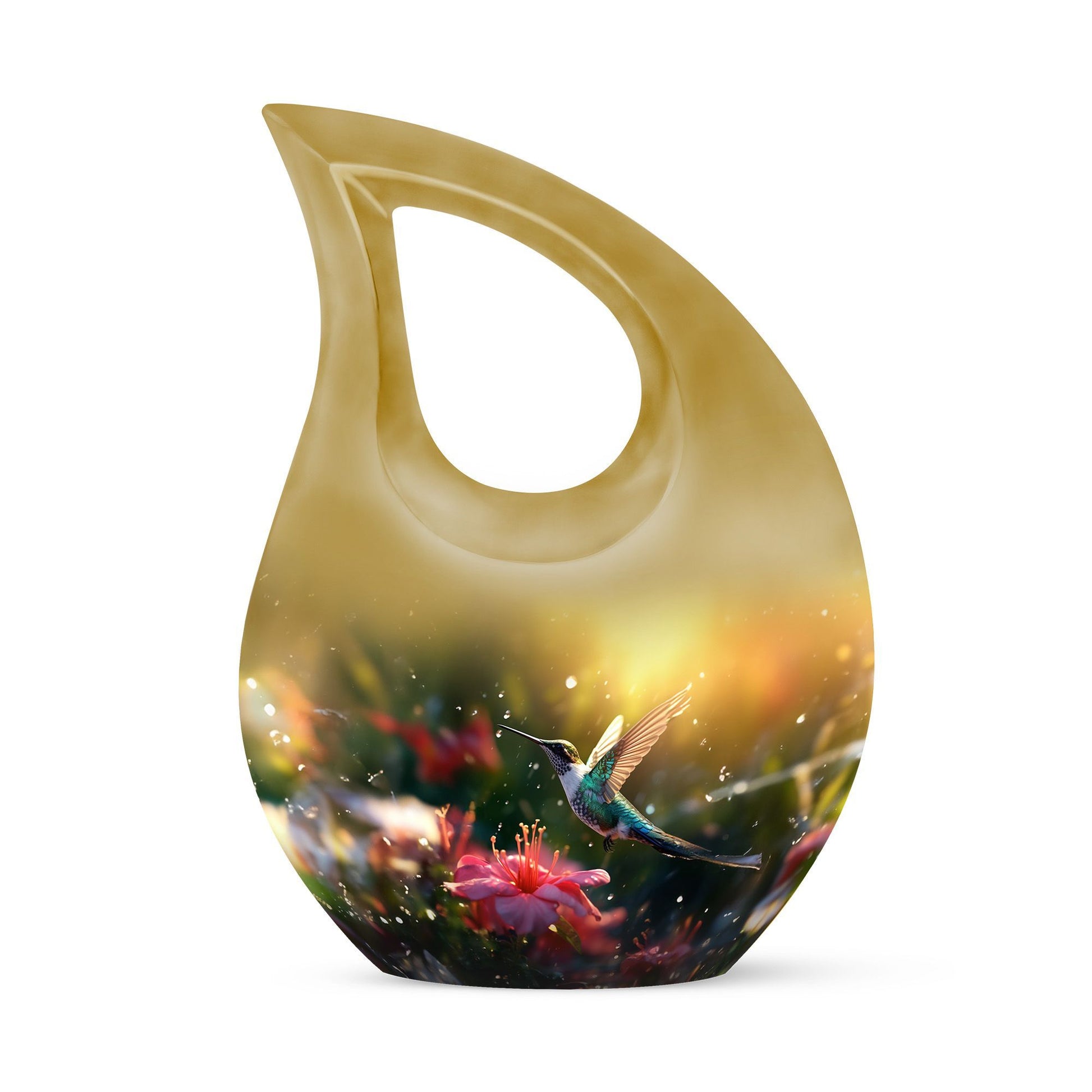 Large Humming Birds Burial Urn with Cross Drop design for adults, comes with velvet pouch