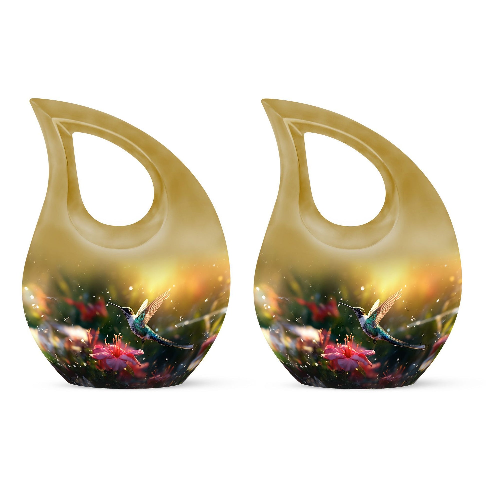 Large Humming Birds Burial Urn with Cross Drop design for adults, comes with velvet pouch