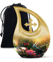 Large Humming Birds Burial Urn with Cross Drop design for adults, comes with velvet pouch