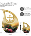 Large Humming Birds Burial Urn with Cross Drop design for adults, comes with velvet pouch