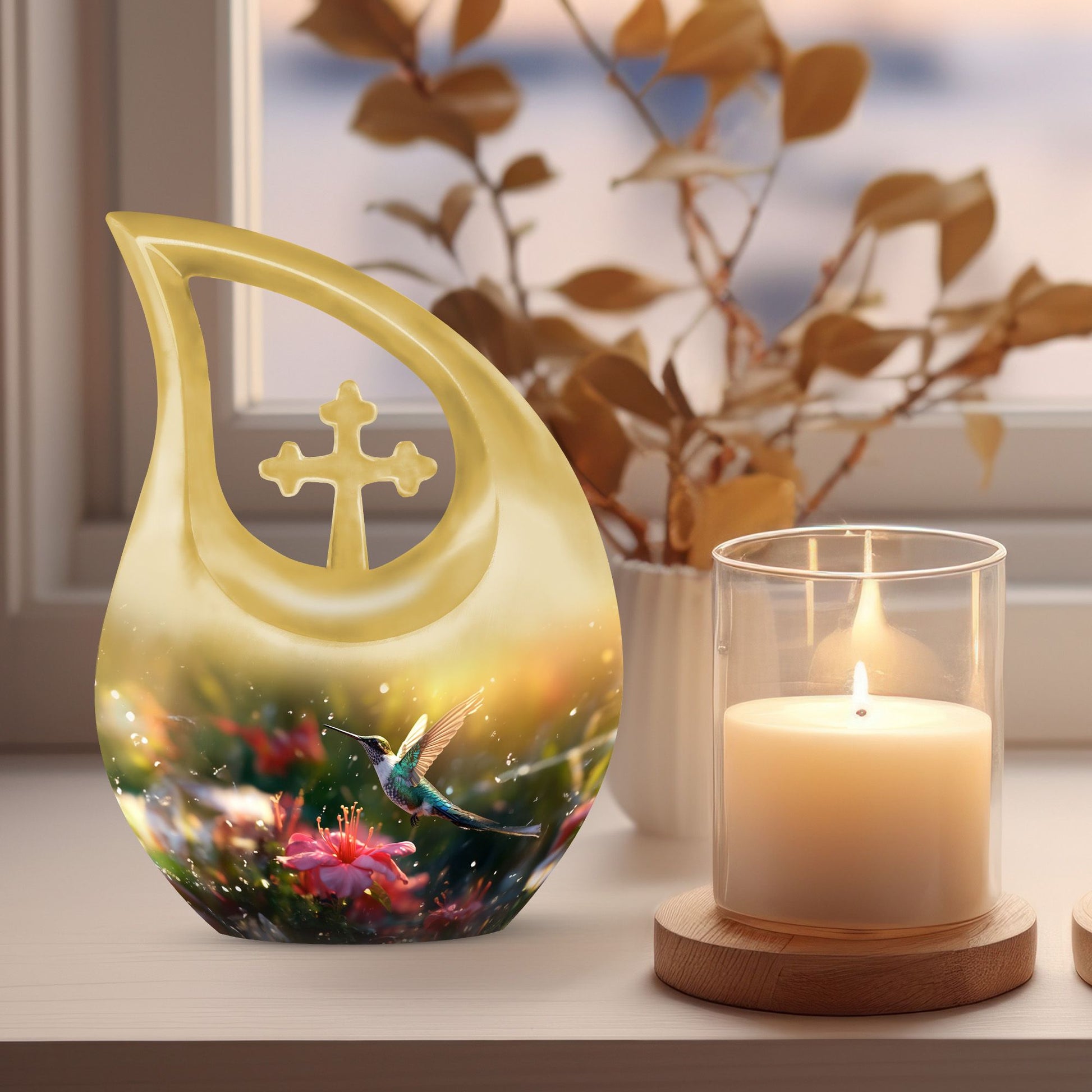 Large Humming Birds Burial Urn with Cross Drop design for adults, comes with velvet pouch