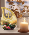 Large Humming Birds Burial Urn with Cross Drop design for adults, comes with velvet pouch