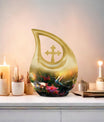 Large Humming Birds Burial Urn with Cross Drop design for adults, comes with velvet pouch