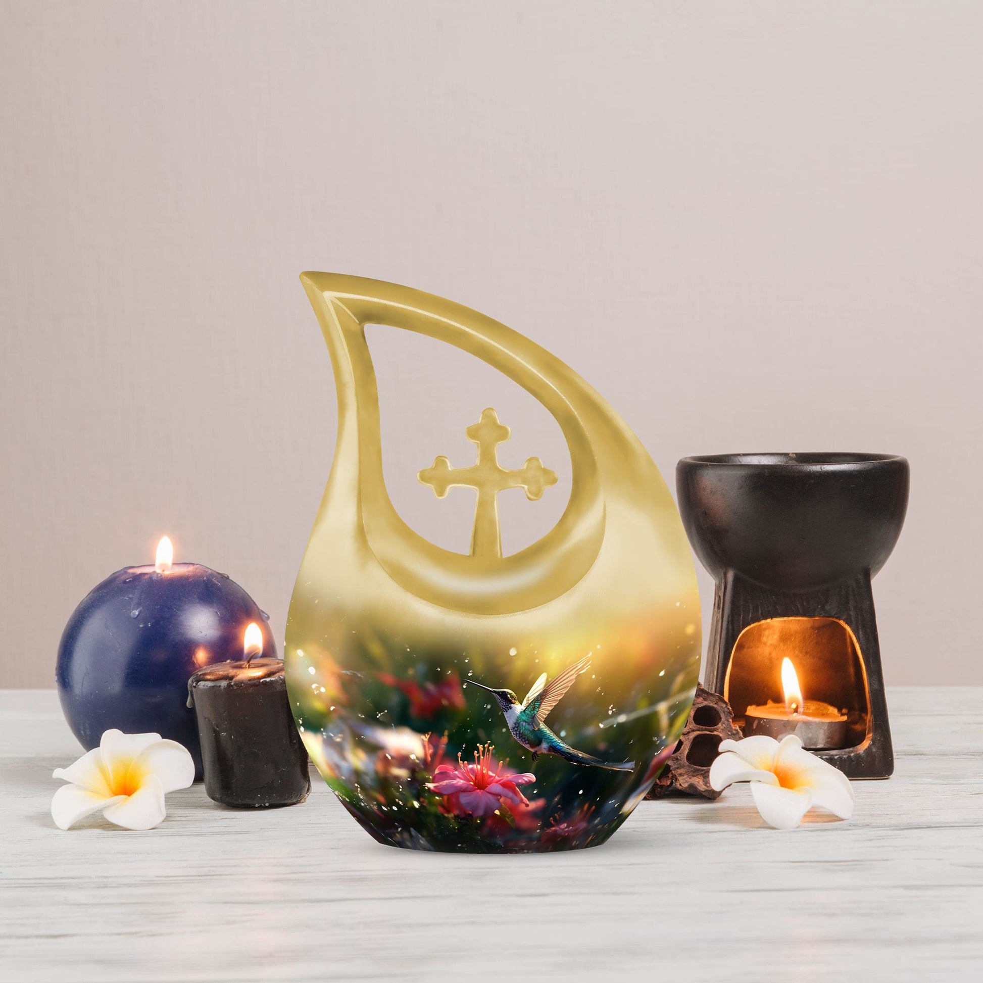 Large Humming Birds Burial Urn with Cross Drop design for adults, comes with velvet pouch