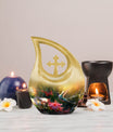 Large Humming Birds Burial Urn with Cross Drop design for adults, comes with velvet pouch