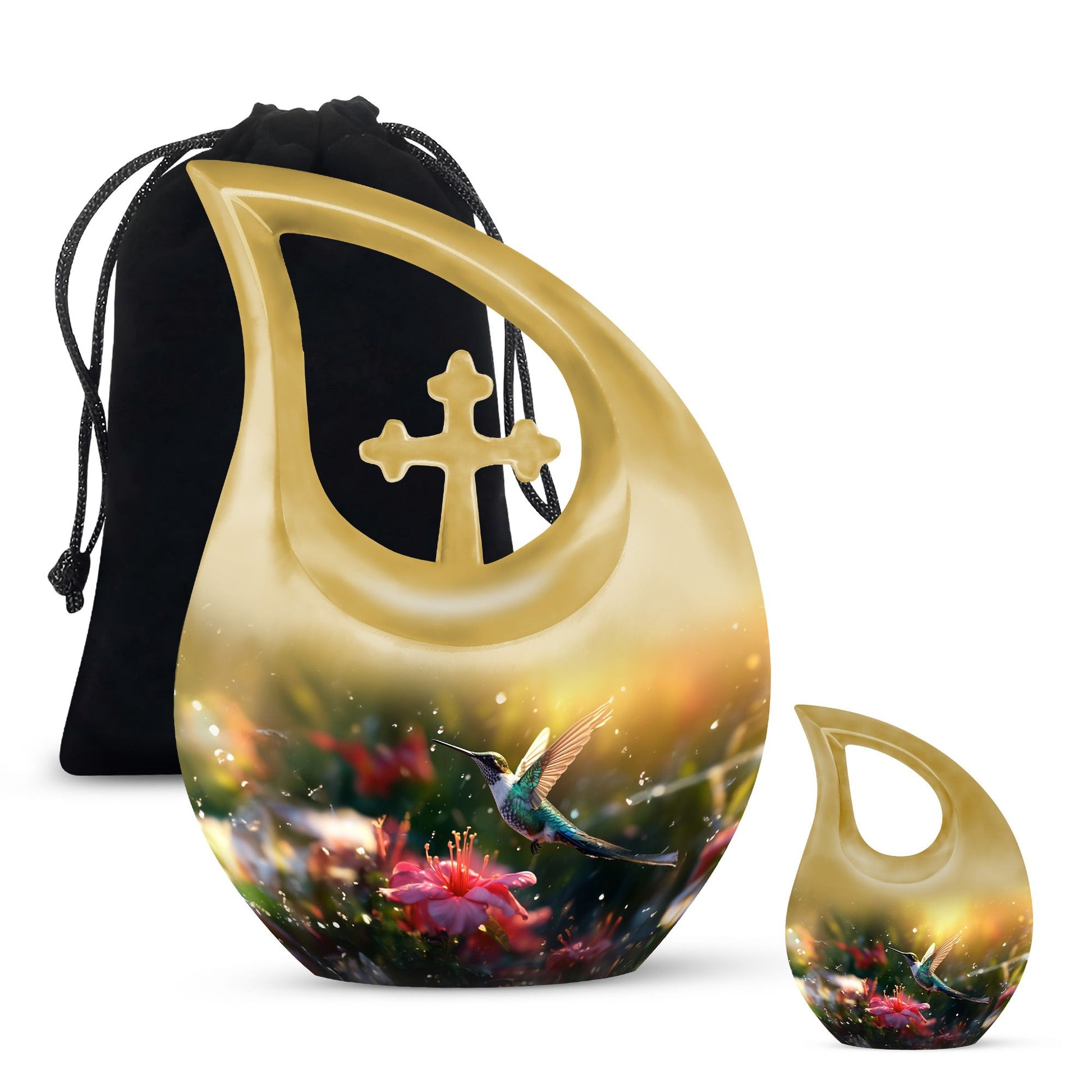 Large Humming Birds Burial Urn with Cross Drop design for adults, comes with velvet pouch