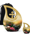 Large Humming Birds Burial Urn with Cross Drop design for adults, comes with velvet pouch